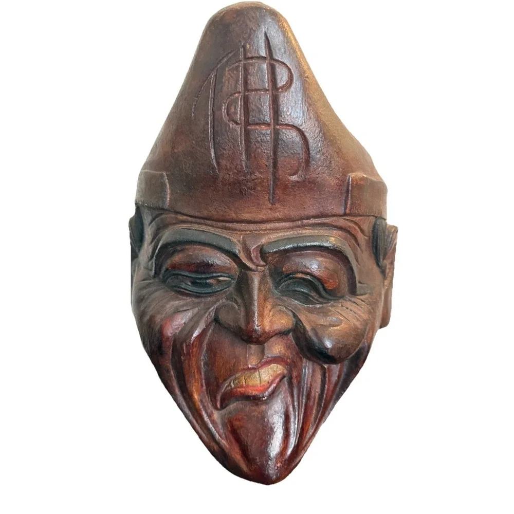 Vintage Large Hand Carved Wooden Face Mask Irony Smile Comedy 14.5